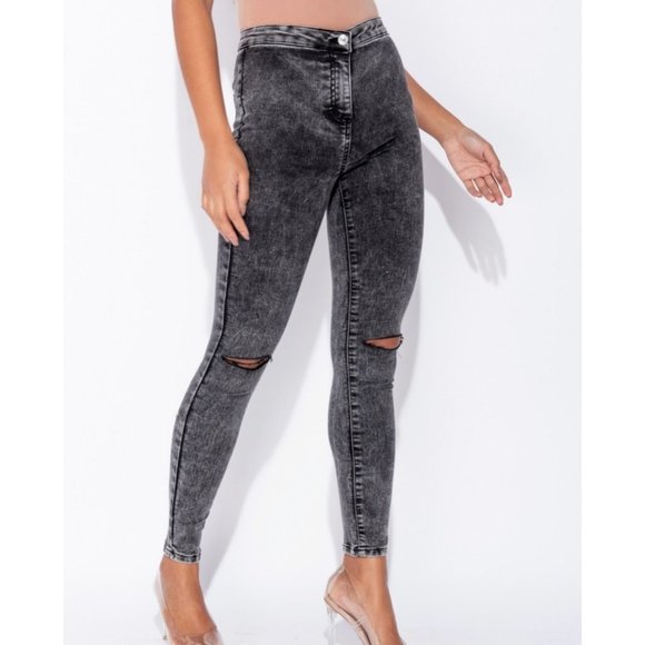 Gray Acid Wash High Waist Ripped Distressed Skinny Denim Jeggings Pants - Picture 4 of 10